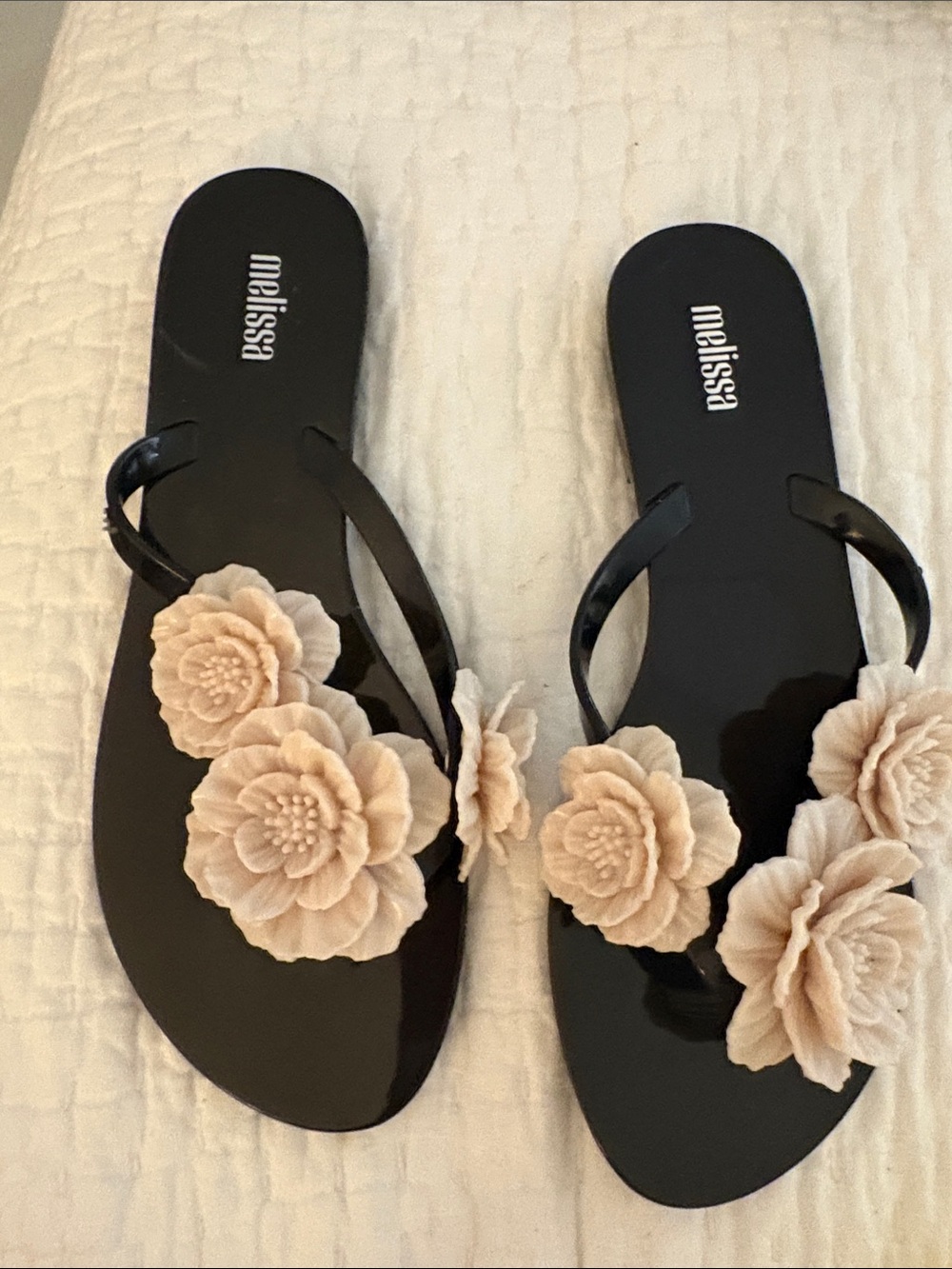 Melissa Black Jelly Sandals with Beige Floral Appliqués